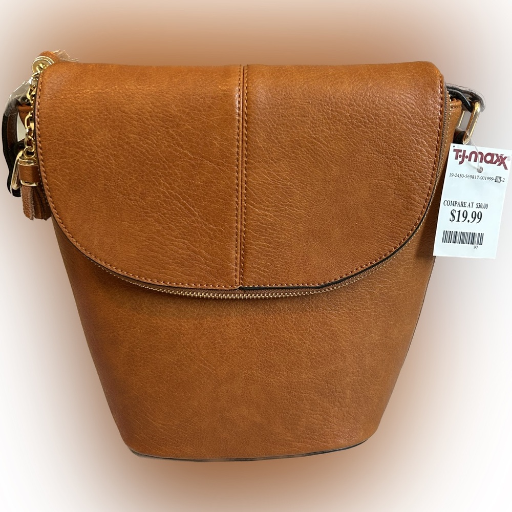 Isabelle Fold-Over Structured Faux Leather Crossbody with Tassel Accent, Cognac